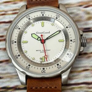 GreatLand Water Resistant Quartz Watch Brown Leather Strap Silver Tone Case